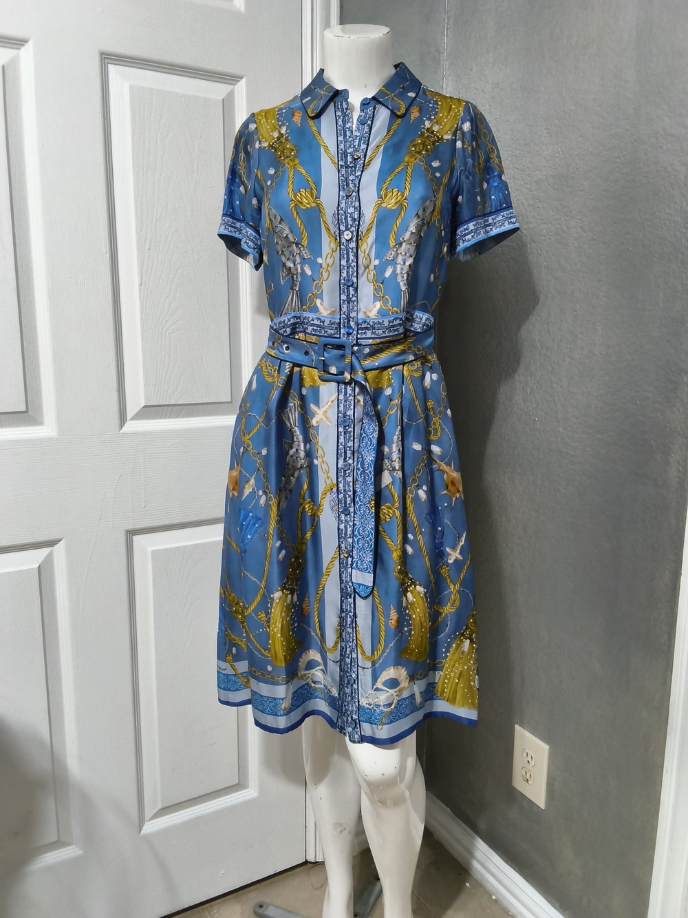 Chain-Print Button-Front Shirt Dress in Blue